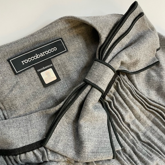 RoccoBarocco blouse Virgin Wool Top Gray bow Black lace insert IT42 us6 - Picture 9 of 10